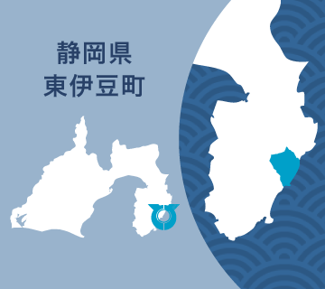 静岡県の地図と伊豆半島東海岸の中央に位置する静岡県東伊豆町を拡大した地図