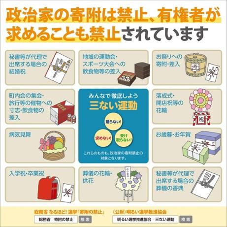 「政治家の寄附は禁止、有権者が求めることも禁止されています」のチラシ