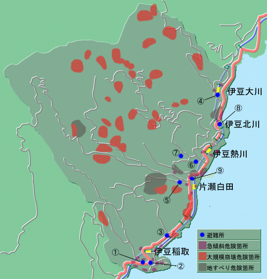 東伊豆町内の、急傾斜危険箇所や大規模崩壊危険箇所、地すべり危険箇所と避難所を表したイラスト