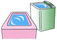 緑色の洗濯機とピンク色の浴槽に、水が貯水されているイラスト