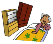 地震によりタンスが倒れそうになっている横で、布団に寝ているおじいさんがびっくりしている様子のイラスト