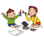 男の子と女の子がマッチやライターを手に持ち、燃えやすい紙なども近くに置いてある様子のイラスト