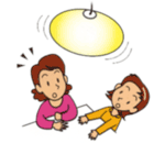 天井から吊るされた照明器具が揺れている様子を、真下から見上げている2人の女性のイラスト
