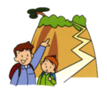 リュックを背負った男性と男の子が、小高い山の頂上を指差している様子のイラスト