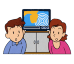 テレビの両側で、男女が津波情報を得ている様子のイラスト