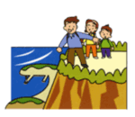 海を見渡せる小高い岩場に立っている3人のイラスト