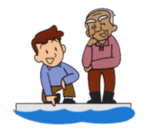 岸壁で足元の波を指差しながら、男性とおじいさんが話している様子のイラスト
