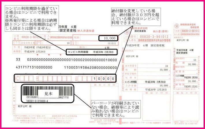町税をコンビニ収納する際の注意点が記載された見本