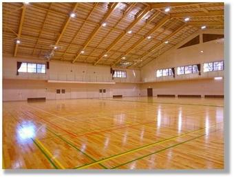 壁は白く、床は木目調で照明が反射し、天井部分にたくさんの骨組みがみえる体育館内部の写真