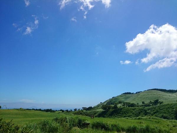 晴天の下、濃淡様々な緑の草木の景色が遠くの山まで続いている細野高原の写真